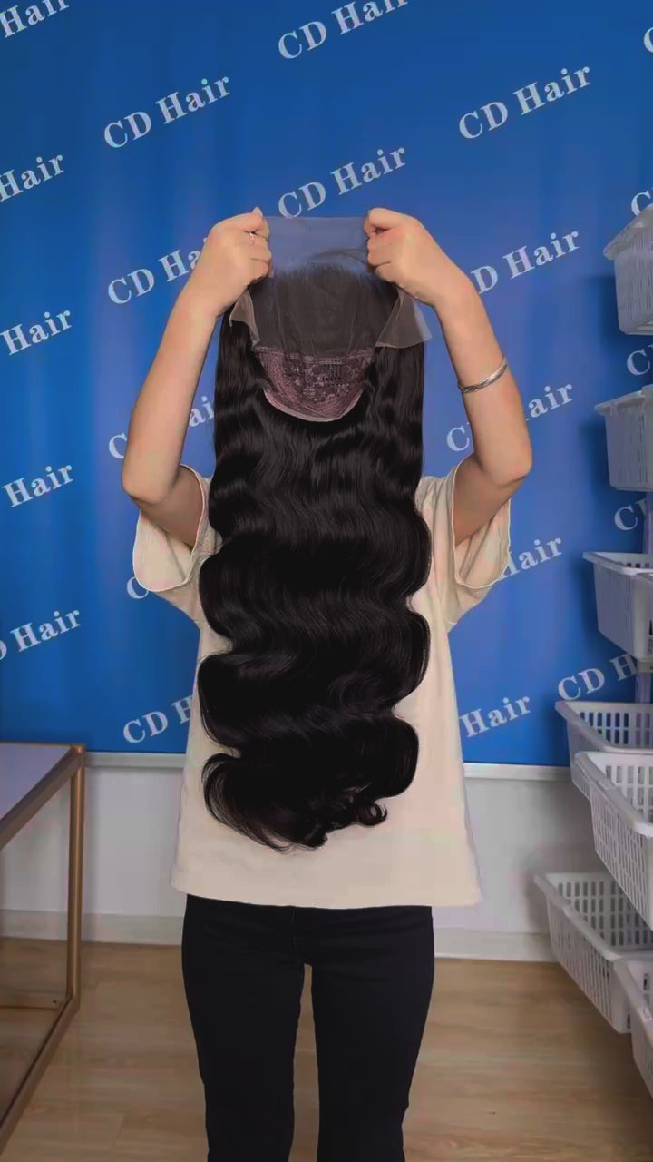 Load video: CD HAIR 13X4 HD Lace Full Frontal 180% density Human Hair Body Wave Wigs