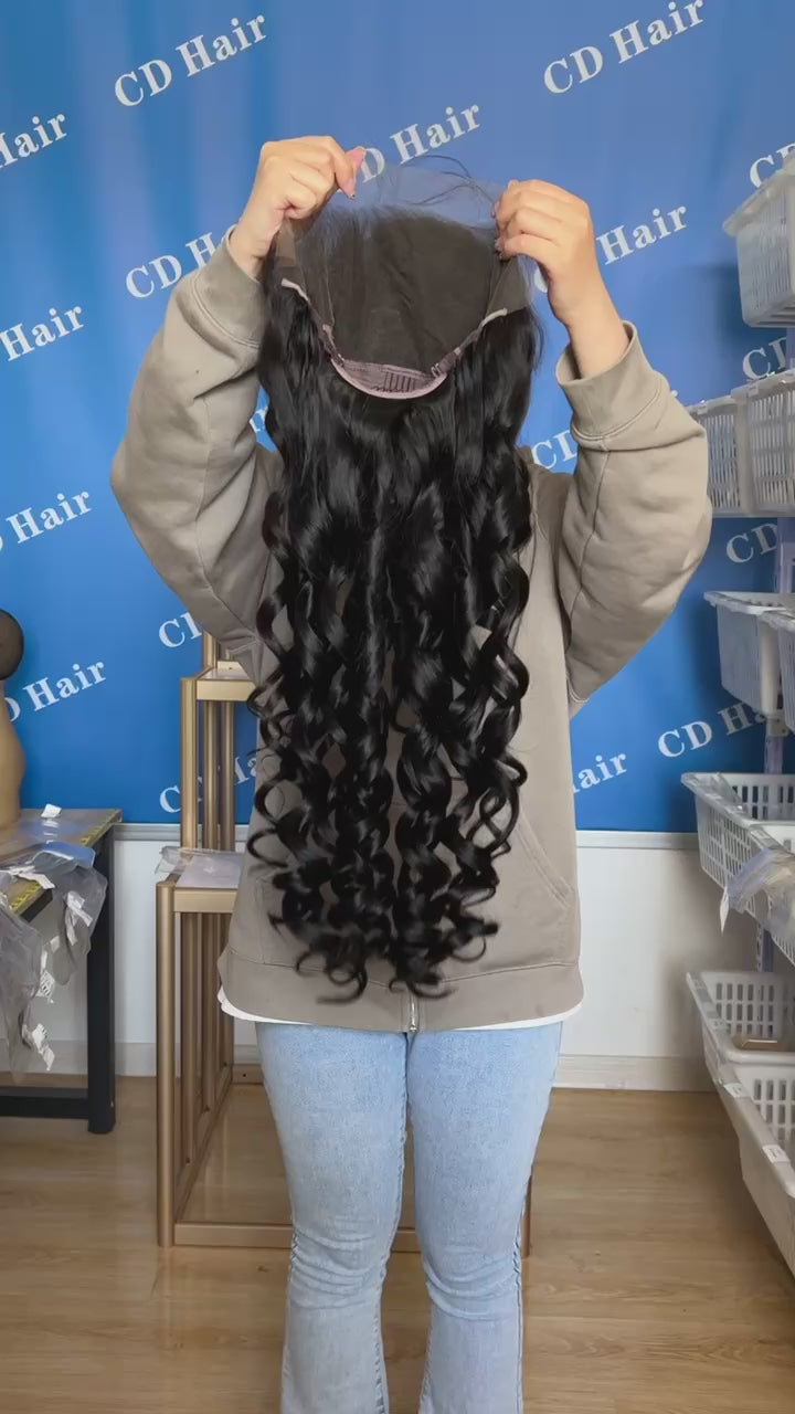 Load video: CD HAIR 13X6 HD Lace Full Frontal 180% density Human Hair Loose Wave Wigs