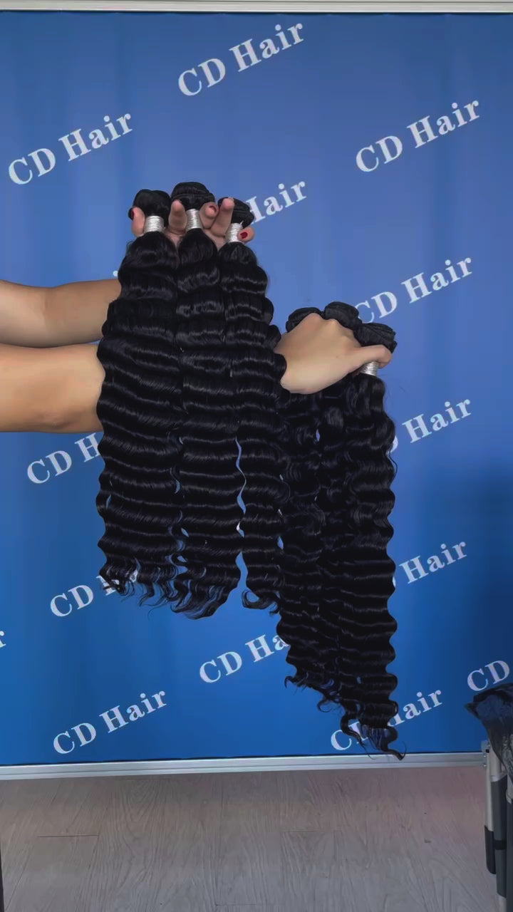 Load video: CD HAIR 3/4 Bundles 12A Deep Wave Human Hair Extension 10-30 inches