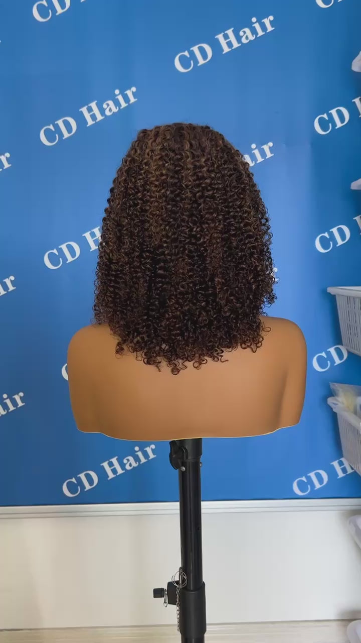 Load video: CD HAIR 5X5 HD Lace Full Frontal Color Deep Curly BOB Wig 200% Density