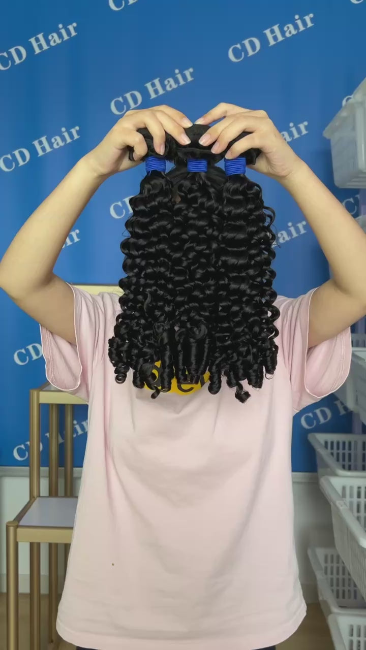 Load video: CD HAIR Natural Color Virgin Human Hair Burmese Curly Bundles