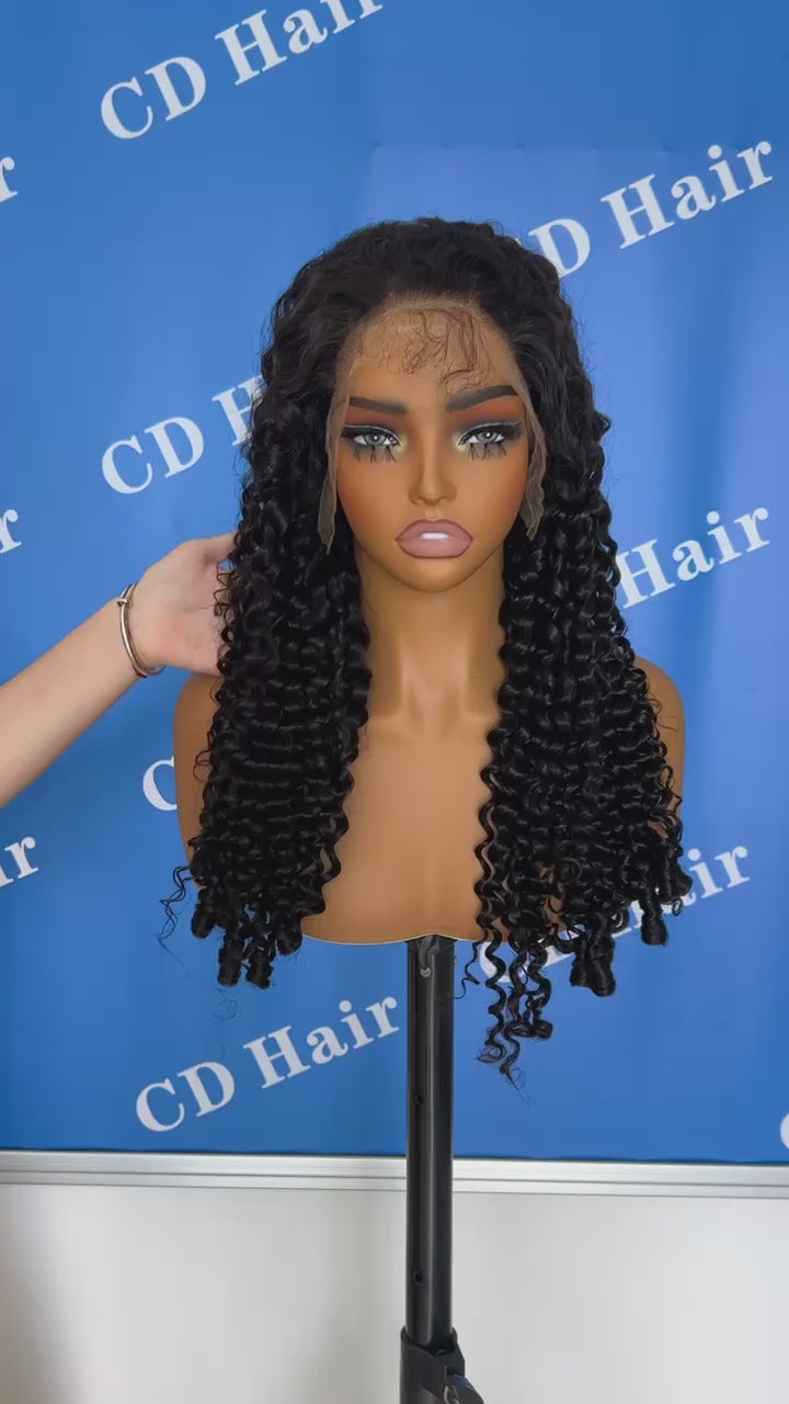 Load video: CD HAIR 13X6 HD Lace Full Frontal 180% density Human Hair Burmese Curly Wigs