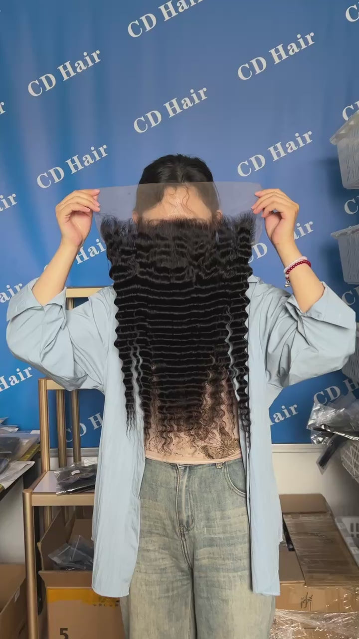 Load video: CD HAIR | 13X6 Transparent/HD Lace Frontal Deep Wave (12&quot;-22&quot;)