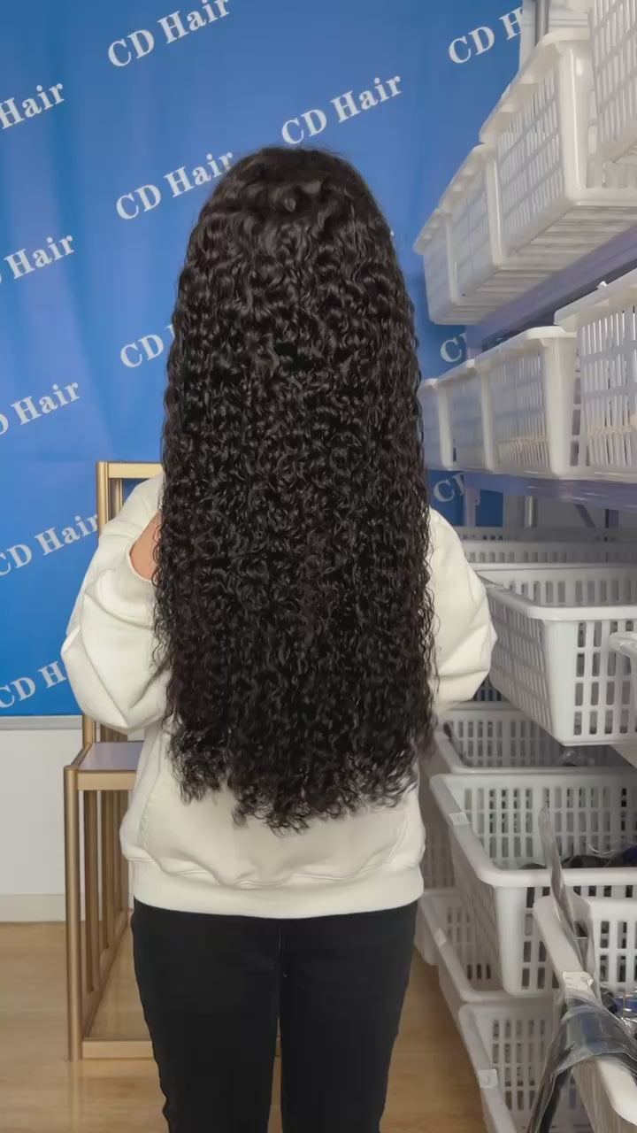 Load video: CD HAIR 13X6 HD Lace Full Frontal 180% density Human Hair Exotic Culry Wigs