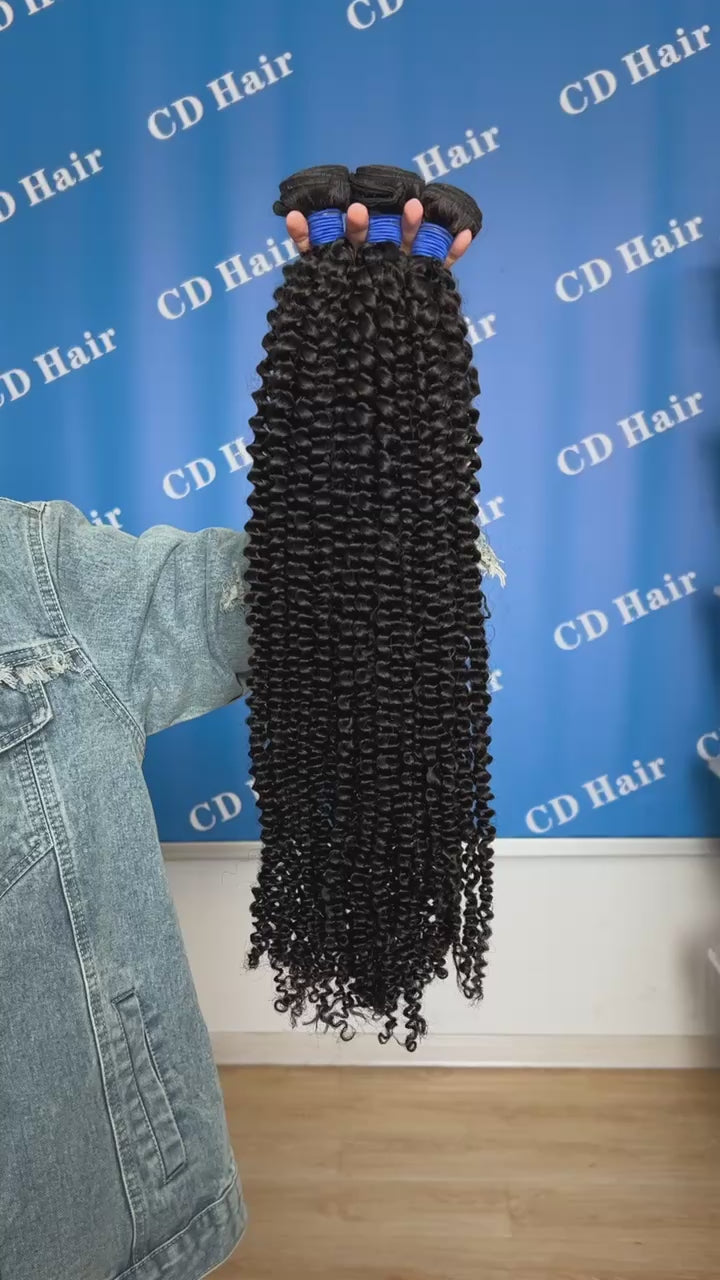 Load video: CD HAIR 3/4 Bundles 13A Kinky Curly Virgin Human Hair Extension 10-30 inches