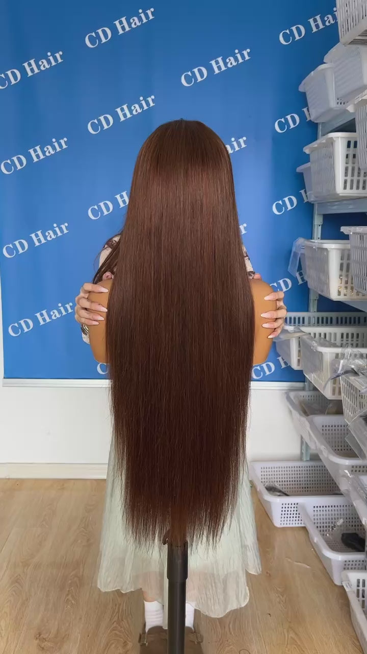 Load video: CD HAIR Brown Color 13X4 HD Lace Full Frontal Straight 180% density Human Hair Wigs