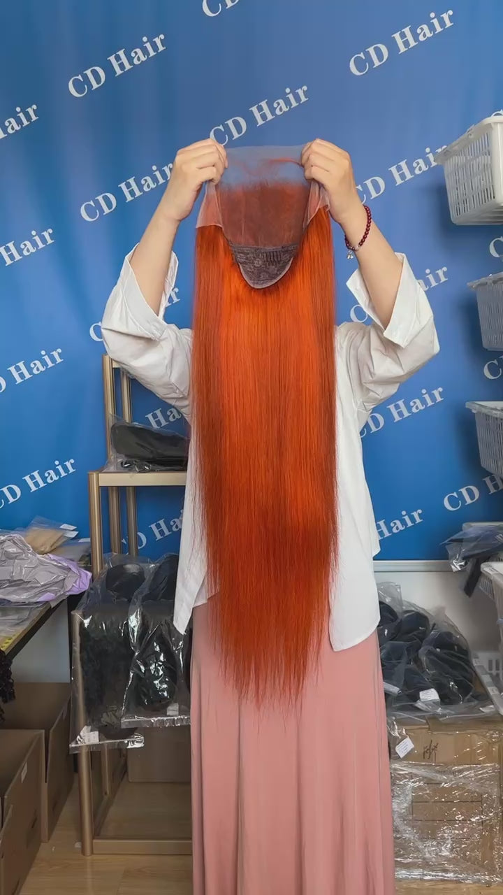 Load video: CD HAIR 13X6 Transparent Lace Full Frontl  Ginger color  Straight Wig 180% Density