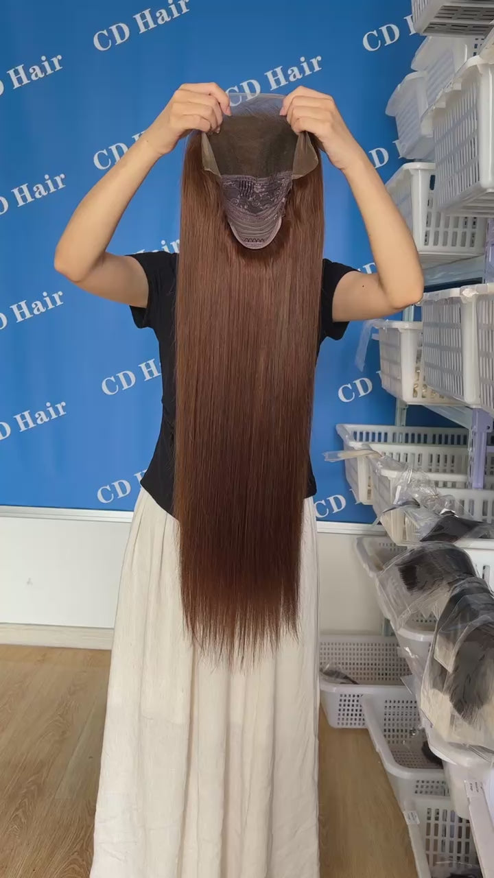 Load video: CD HAIR Brown Color 13X4 HD Lace Full Frontal Straight 180% density Human Hair Wigs